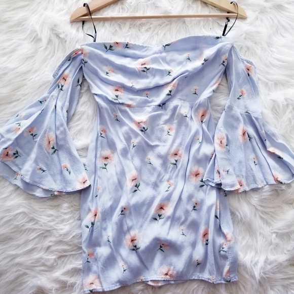 Baby Blue Floral Bell Of Shoulder Mini Dress - Picture 1 of 3